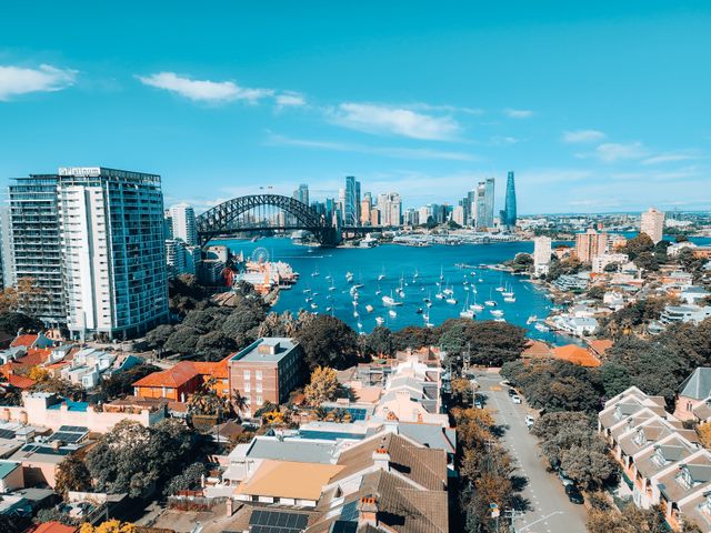 Aerial view of Sydney residential properties and harbour, Australia